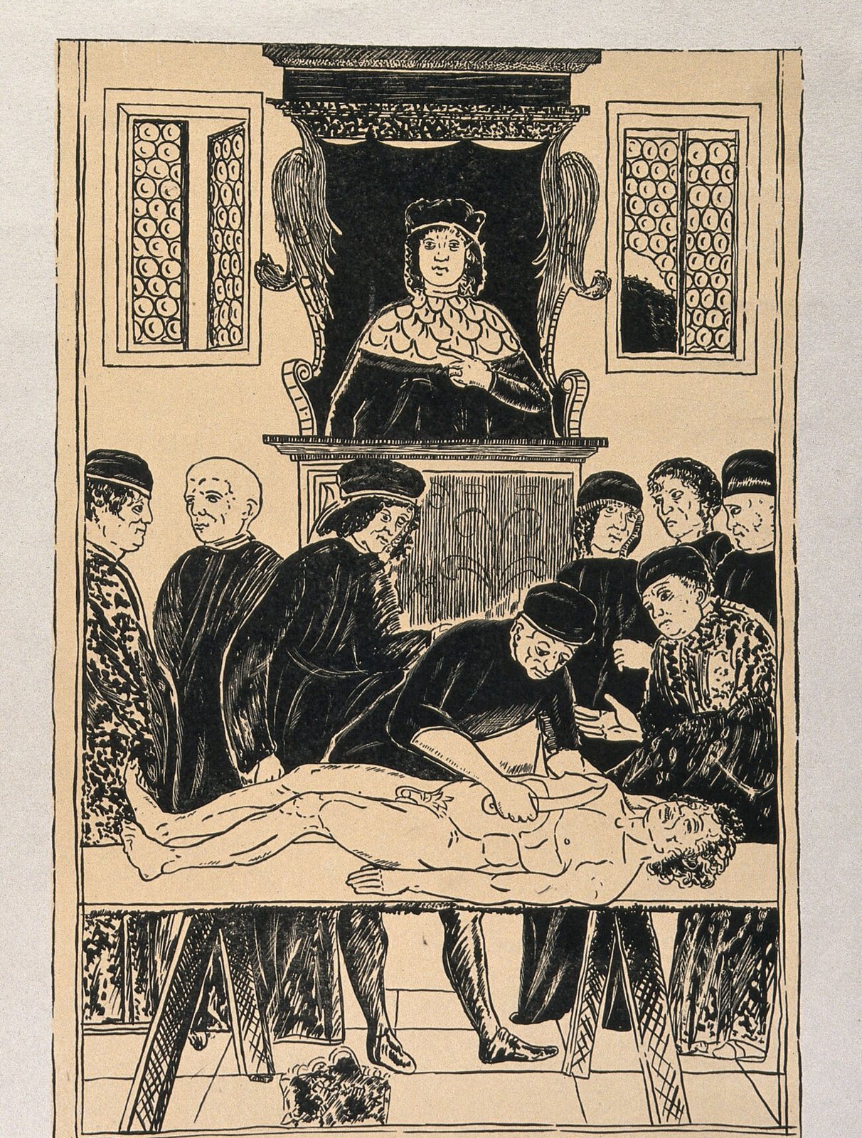 Grabado de 1493: el profesor lee desde la cátedra mientras un ayudante diseca el cadáver