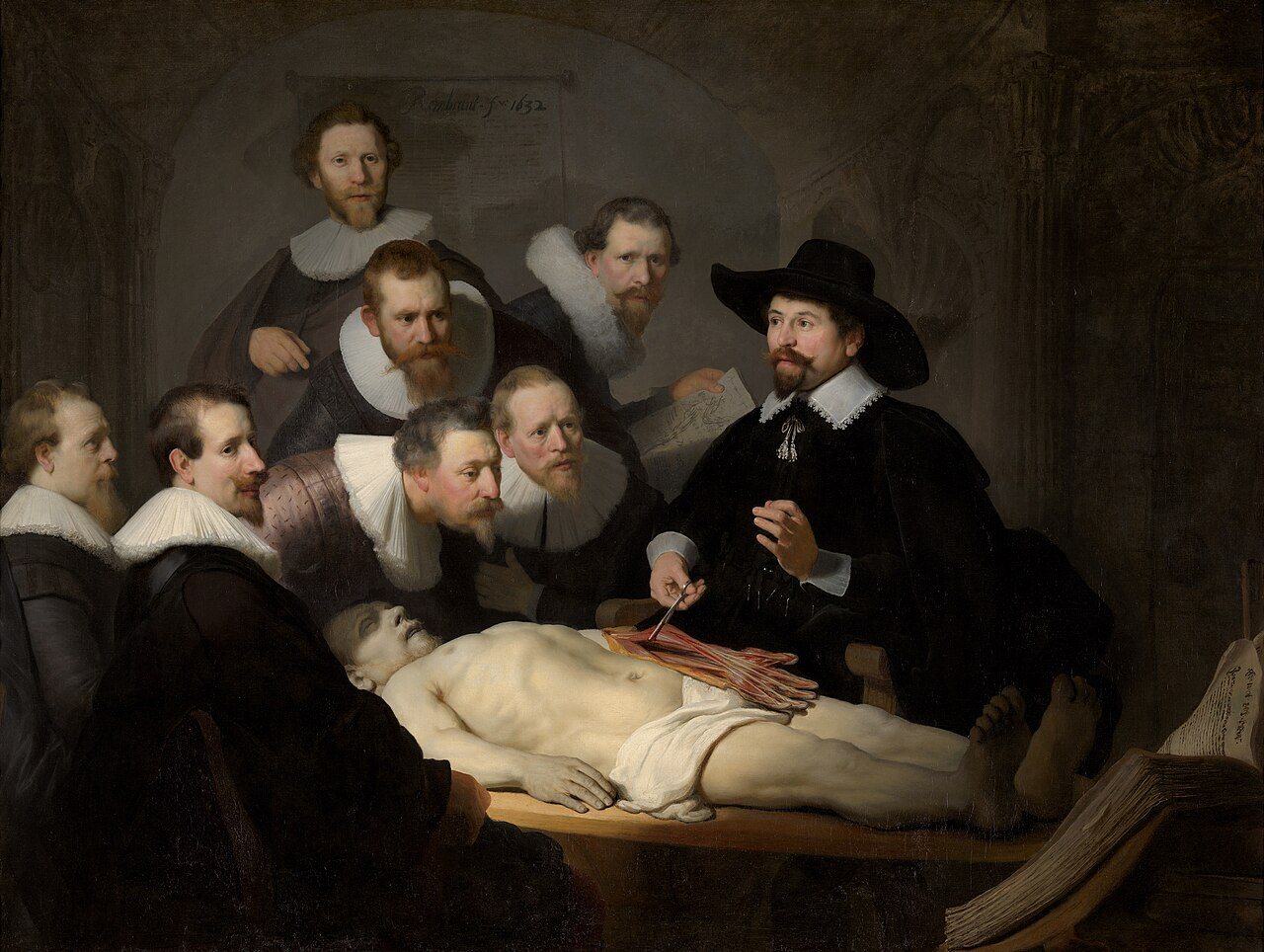 La lección de anatomía del Dr. Nicolaes Tulp, de Rembrandt: siete hombres observan la disección de un antebrazo