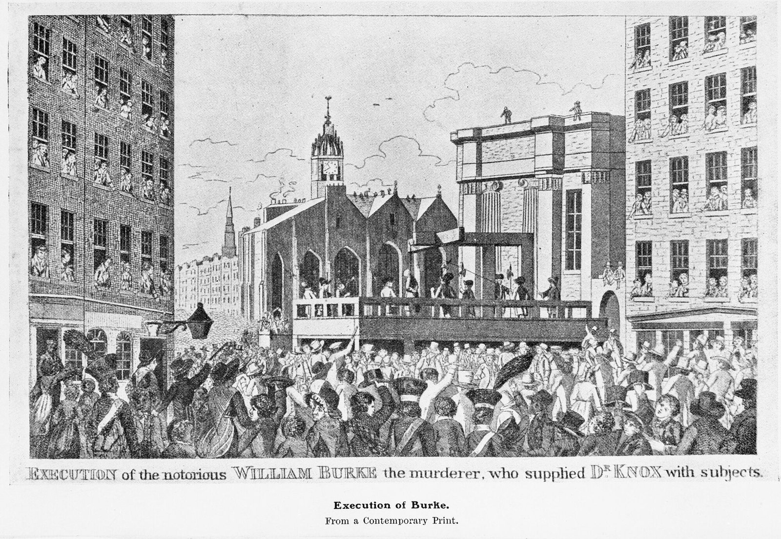 Grabado de la ejecución de William Burke ante una multitud en Edimburgo