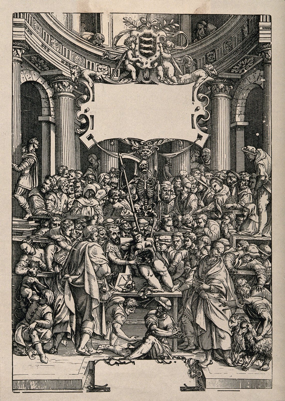Grabado de 1555: Vesalio diseca un cadáver ante una multitud en un anfiteatro