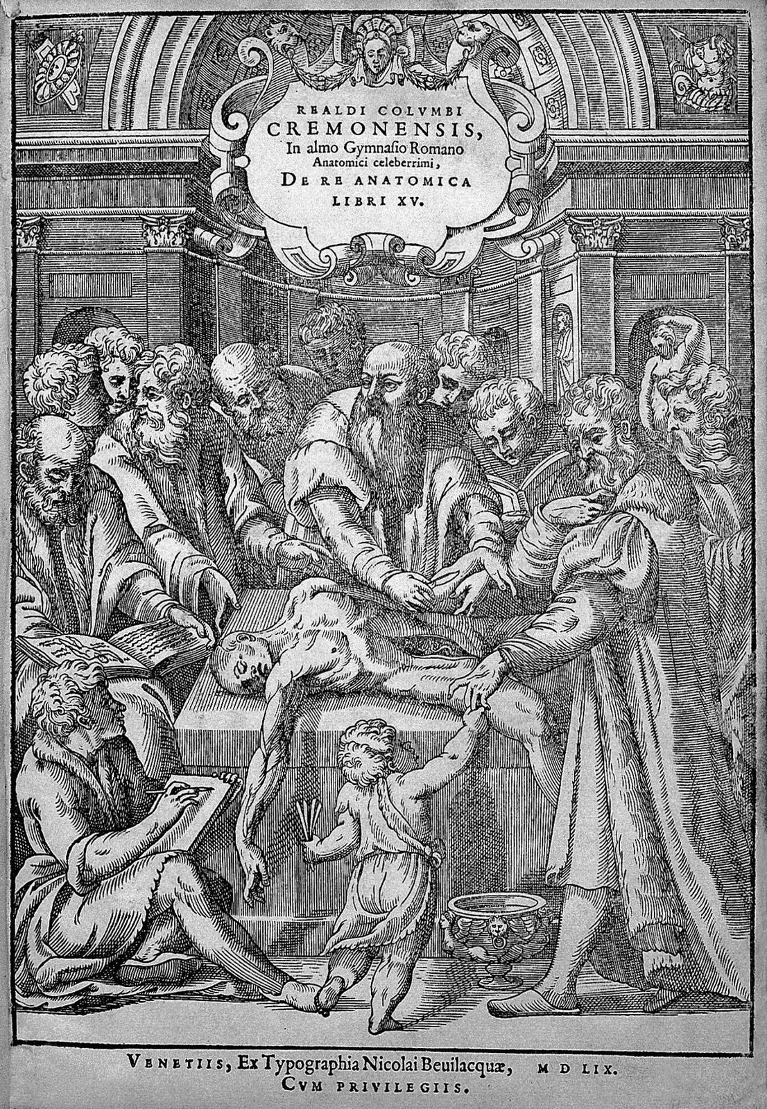 Portada de De re anatomica de Realdo Colombo, 1559, con una escena de disección