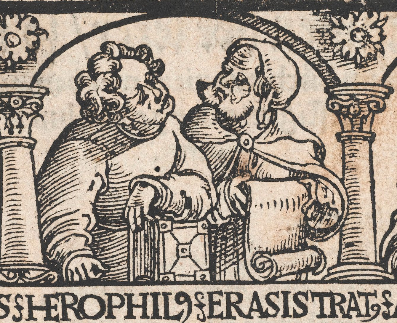 Grabado de 1532 con figuras rotuladas Herophilus y Erasistratus